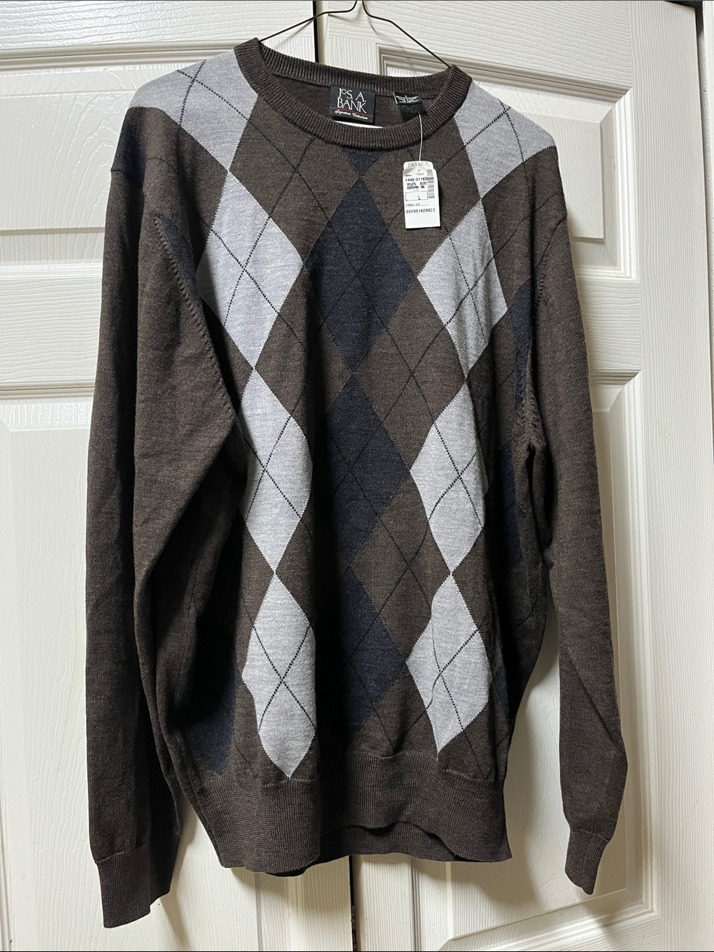 JoS A Bank Special Collection Brown grey  Argyle 100% Merino Wool sweater L NWT
